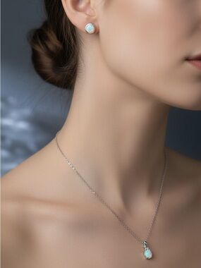 White Gold Plated Fire Opal Pendant Necklace with CZ Accents. New.